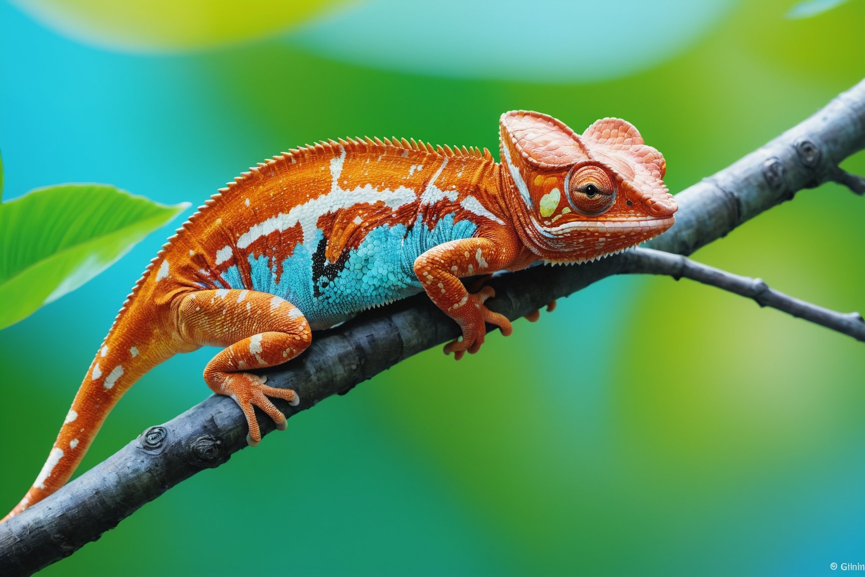 Chameleon sitting on tree branch, rainforest, , blooming flowers, fantasy, big information, bright yellow, pastel blue, pastel pink, ocean blue turquoise, bright orange, green, white dominant color palette, acrylic, photography, HD, 4k, Sharpness, Realistic, Ultra Wide, Wide Angle, Cinematic, Ambient Light, Bright Border, Edge Emphasis, Contrast, High Resolution, High Contrast, High Detail, High Texture, Surreal High Quality Model, Ultra High Quality, Golden Ratio, Pseudo Detail, pixiv fan box Trends, Acrylic Palette Knife, Studio Style Makoto Shinkai Ghibli Kenshin Impact James Gilead Gregg Rutkowski Chiho Aoshima, Watercolor, ArtStation Trends, Sharp Focus, Studio Photography, Intricate Details, Highly Detailed, Author: ChiliKiri, Mysterious