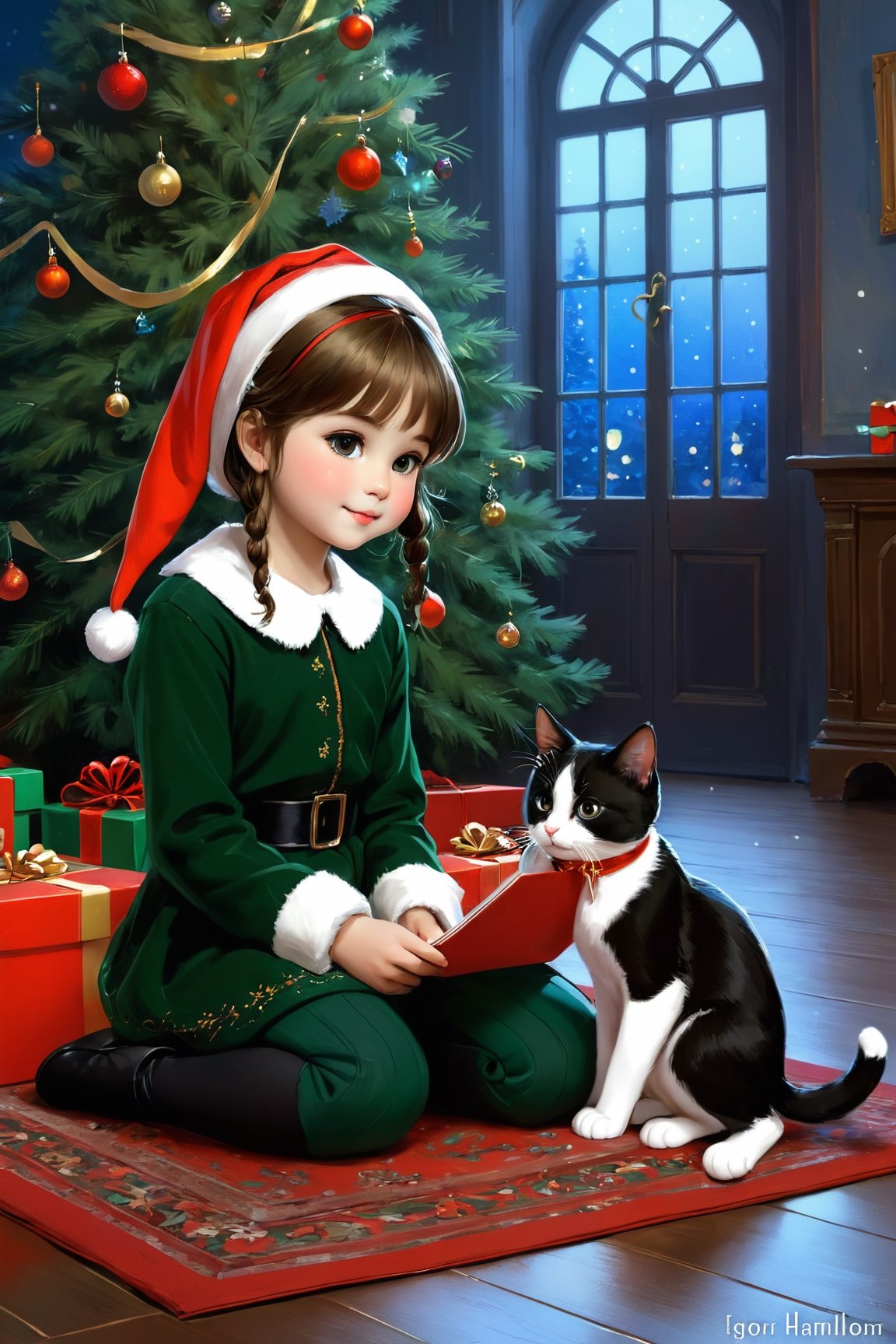 there is a little girl sitting on the floor with a cat next to a christmas tree, cute artwork, gifts, beautiful artwork, cute digital art, presents, adorable digital painting, traditional art, by Elaine Hamilton, christmas night, beautiful digital artwork, cute detailed digital art, cute detailed artwork, by Igor Grabar, so cute, !!beautiful!!, holiday season illustration by Ilya Repin