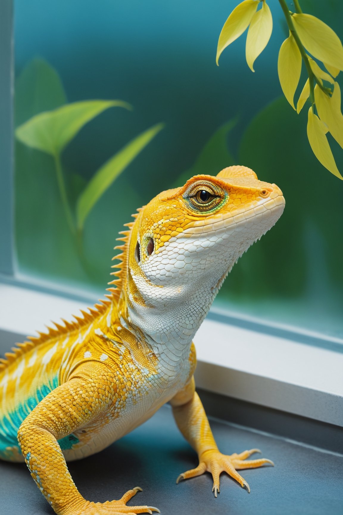 Animation style by Makoto Shinkai Studio, close-up of a lizard sitting on a window sill, cool green leaves, blooming flowers, fantasy, big details, bright yellow, pastel blue, pastel pink, ocean blue turquoise, bright orange, green, white dominant color palette, Acrylic, Photo, HD, 4k, Sharpness, Realistic, Ultra Wide, Wide Angle, Cinematic, Ambient Light, Bright Border, Edge Emphasis, Contrast, High Resolution, High Contrast, High Detail, High Texture, Surreal High Quality Model, Ultra High Quality, Golden proportions, pseudo detail, pixiv fan box trend, acrylic palette knife, studio style makoto shinkai ghibli genshin impact james gilead greg rutkowski chiho aoshima, watercolor, artstation trend, sharp focus, studio photography, intricate details, ultra detail, Posted by ChiliKiri, Mysterious