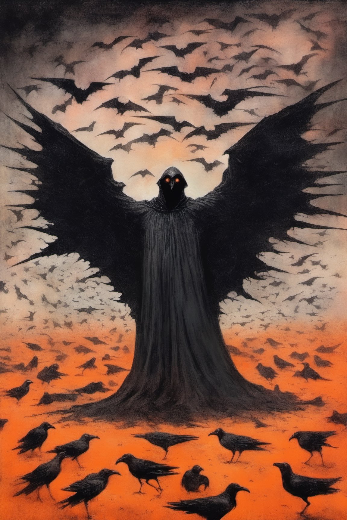 ((The Emperor of Darkness comes down from the sky)). Flocks of flying crows, corpses emerging from the ground, Tenebrism, strange, multi-toned orange and black gradient tumultuous sky, dark core, moderately controlled chaos, ghost core, Nicholas Samori