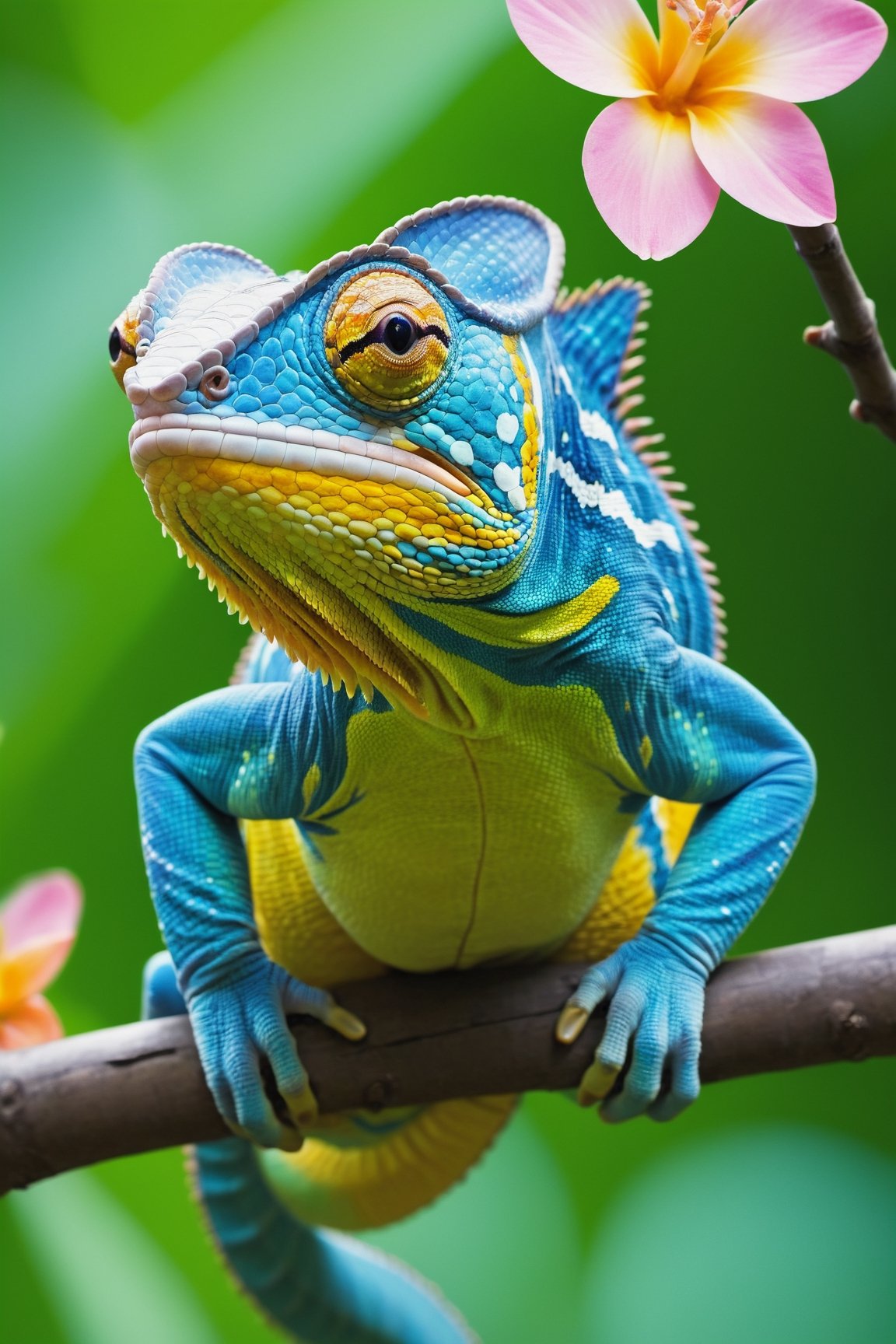 Chameleon sitting on a tree branch, sticking out its tongue, hunting, rainforest, , blooming flowers, fantasy, big information, bright yellow, pastel blue, pastel pink, ocean blue turquoise, bright orange, green, white dominant color palette, acrylic, photography, HD, 4k, sharpness, realistic, ultra wide, wide angle, cinematic, ambient light, bright border, edge highlight, contrast, high resolution, high contrast, high detail, high texture, ultra-realistic high quality model, ultra high quality, golden ratio, pseudo detail. , pixiv fan box trend, acrylic palette knife, studio style Makoto Shinkai Ghibli Kenshin Impact James Gilead Gregg Rutkowski Chiho Aoshima, watercolor, Artstation trend, sharp focus, studio photography, intricate details, ultra-details, Author: ChiliKiri, Mysterious