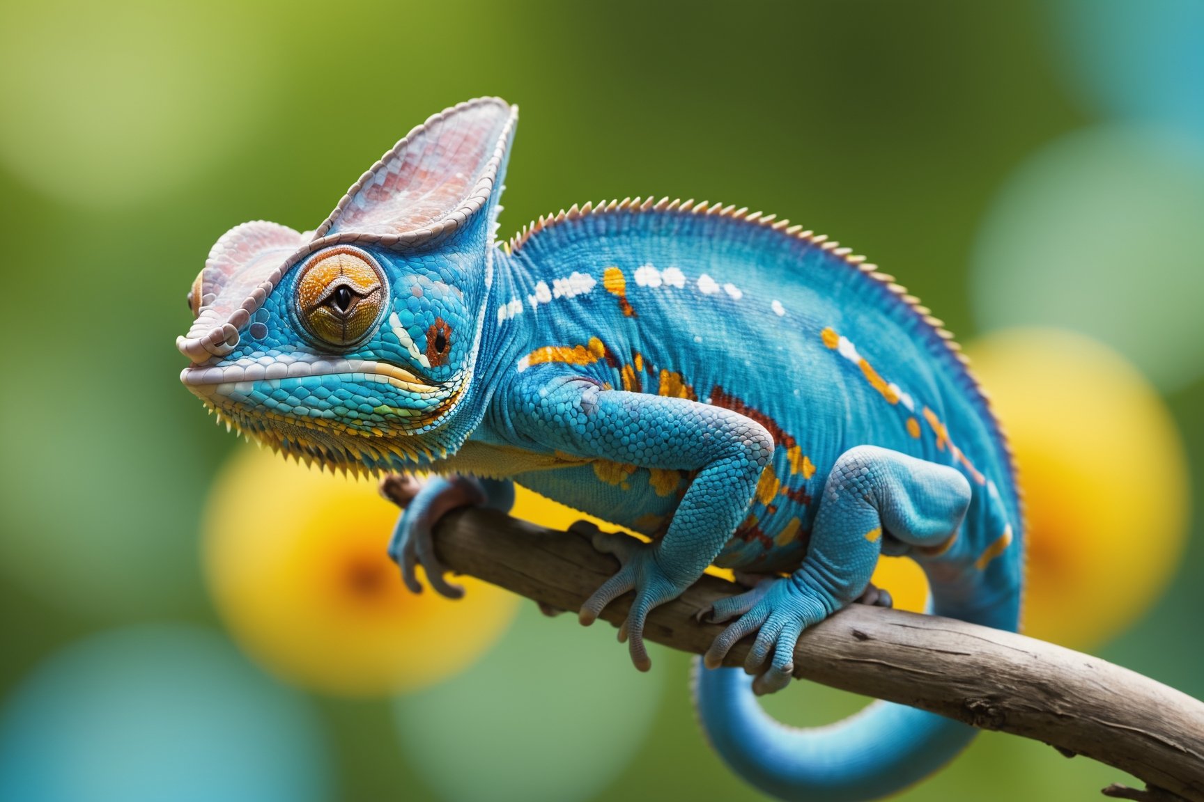 Chameleon sitting on a tree branch, sticking out its tongue, hunting, rainforest, , blooming flowers, fantasy, big information, bright yellow, pastel blue, pastel pink, ocean blue turquoise, bright orange, green, white dominant color palette, acrylic, photography, HD, 4k, sharpness, realistic, ultra wide, wide angle, cinematic, ambient light, bright border, edge highlight, contrast, high resolution, high contrast, high detail, high texture, ultra-realistic high quality model, ultra high quality, golden ratio, pseudo detail. , pixiv fan box trend, acrylic palette knife, studio style Makoto Shinkai Ghibli Kenshin Impact James Gilead Gregg Rutkowski Chiho Aoshima, watercolor, Artstation trend, sharp focus, studio photography, intricate details, ultra-details, Author: ChiliKiri, Mysterious