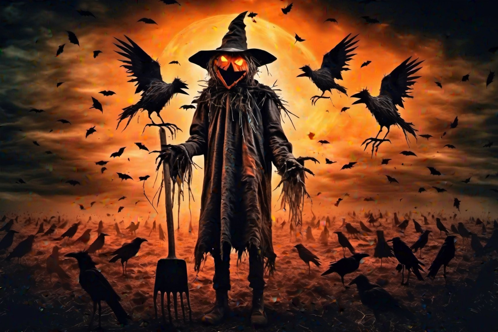 creepy full body scarecrow realistic with hatchet in hand at night foreboding background HD, flock of flying crows, corpses coming out of the ground, tenebrism, strange, multi tonal orange and black gradient tumultuous sky, dark core, moderately controlled chaos, ghost core, Nicolas Samori