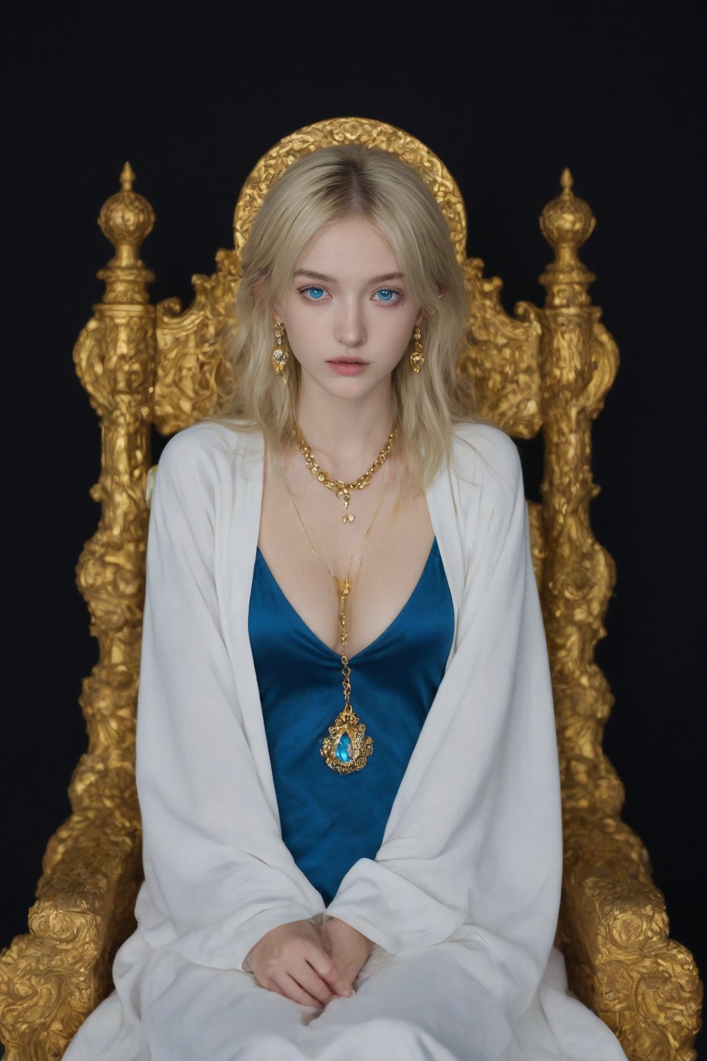 ((score_9, score_8_up, score_7_up)), posing, 1girl, solo, medium breasts, blonde hair, piercing blue eyes, white robe, perfect eyes, perfect face, extremely detailed, sitting on a throne, throne is glowing yellow, blonde hair is on fire, background is in space, intricate necklace, earrings, gold arm bands, focused in viewer, chin resting on hand, elbow on throne, g0thicPXL, glowing, neon,Expressiveh, disappointed, view from below, legs, legs crossed, thighs, feet, comfy shoes,