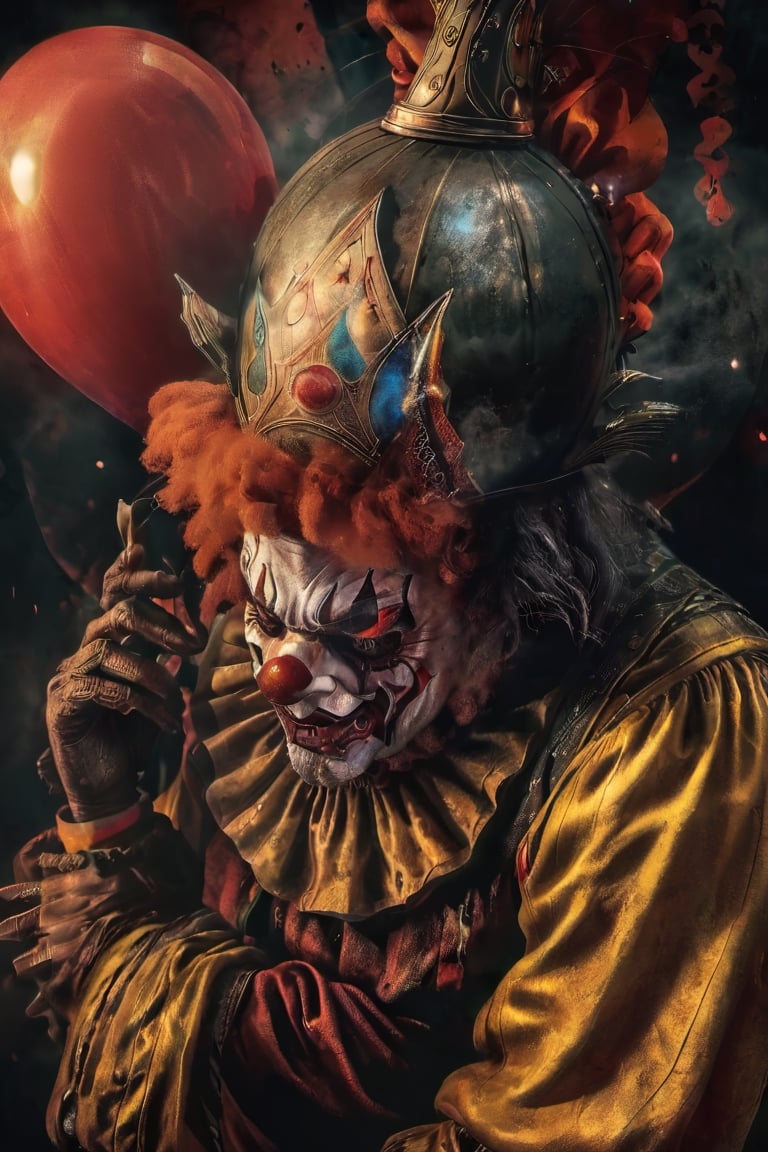 clown, painted face, sinister atmosphere, smoke, night, horror, halloween background. clown suit, balloon in hand and a knife, oni style