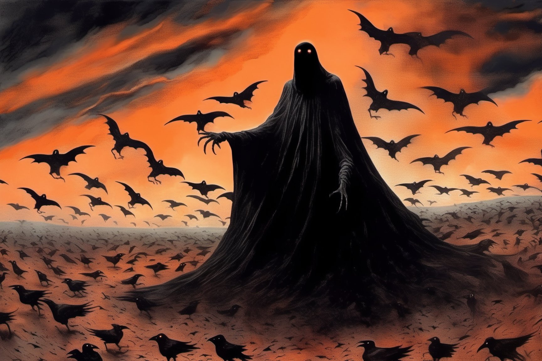 ((The Emperor of Darkness comes down from the sky)). Lovecraft style, Flocks of flying crows, corpses emerging from the ground, Tenebrism, strange, multi-toned orange and black gradient tumultuous sky, dark core, moderately controlled chaos, ghost core, Nicholas Samori