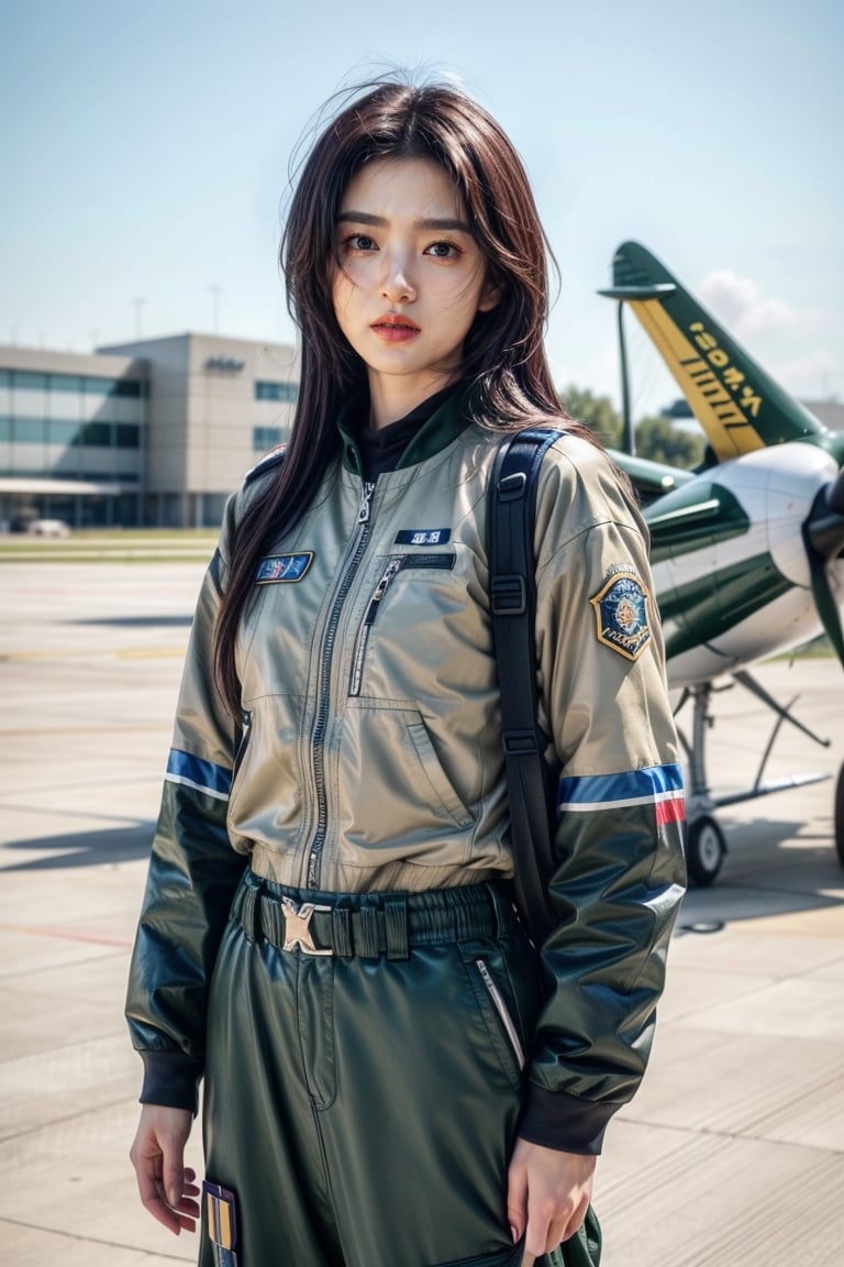 (masterpiece,best quality,ultra-detailed,8K,intricate, realistic,cinematic lighting),Generate AI art featuring a group of skilled and stylish female aviators in intricately detailed flight uniforms. 23yo,small face,Picture them standing by a vintage aircraft on a runway, exuding confidence and camaraderie. Emphasize the precision of their aviation attire, capturing the insignias, patches, and the distinctive details of their uniforms. Utilize a combination of vibrant colors and realistic detailing to bring to life the essence of female empowerment and teamwork in the world of aviation.kimtaeri