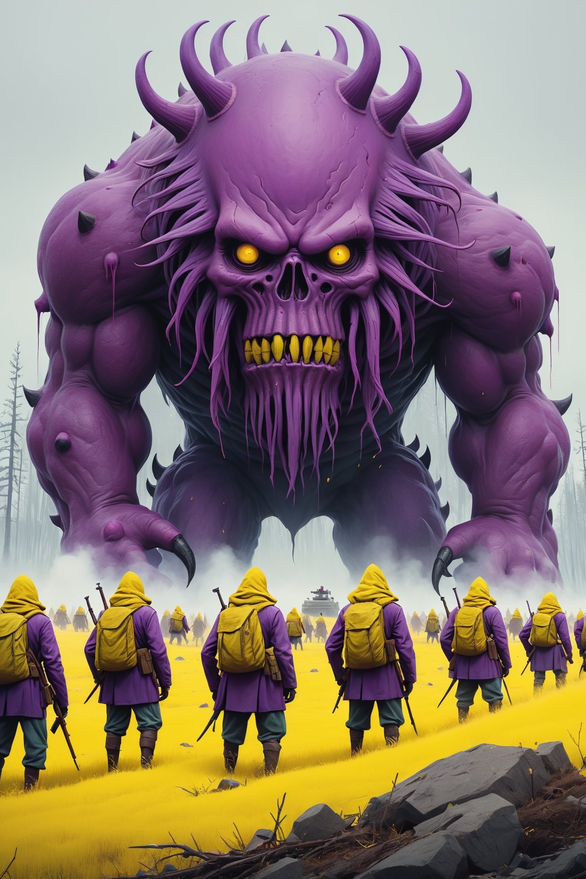 A (massive monster:1.2) looms in the background as a determined squad of militia valiantly charges into the foreground, (eerie, photo by simon stålenhag:1.3), (selective focus, breathtaking:1.4), (motion blur:0.5), high contrast, high saturation, desaturated purple and yellow details, epiCPhoto