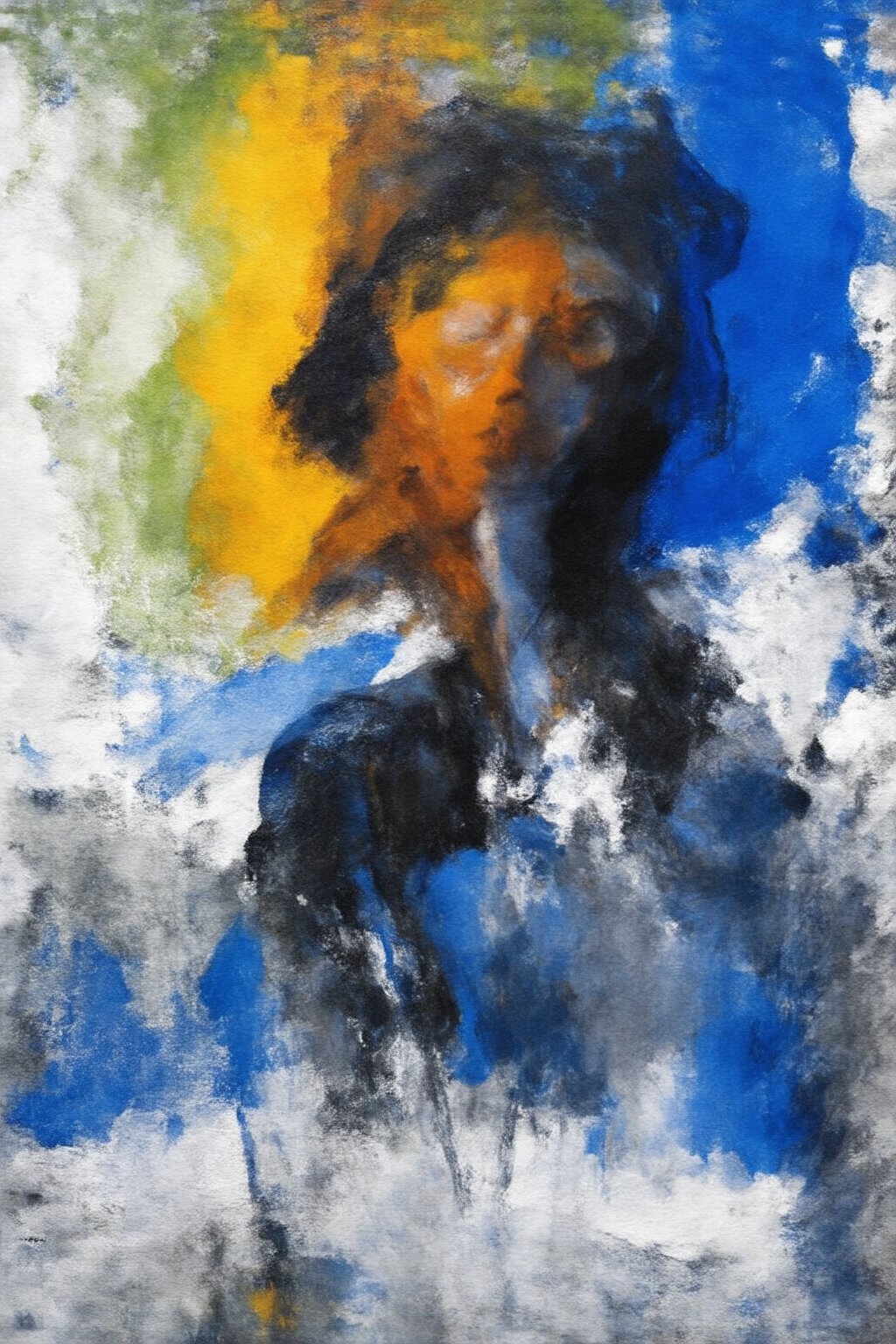 A bold brushstroke portrait of a solitary figure stands out against an abstract backdrop of dynamic movements, where burnt sienna and cadmium yellow collide in vibrant highlights. Ultramarine blue shadows and sap green undertones add depth, while white and black accents enhance contrast. The figure's form blends with the swirling background, evoking movement and emotion amidst negative space, inviting introspection and personal reflection.