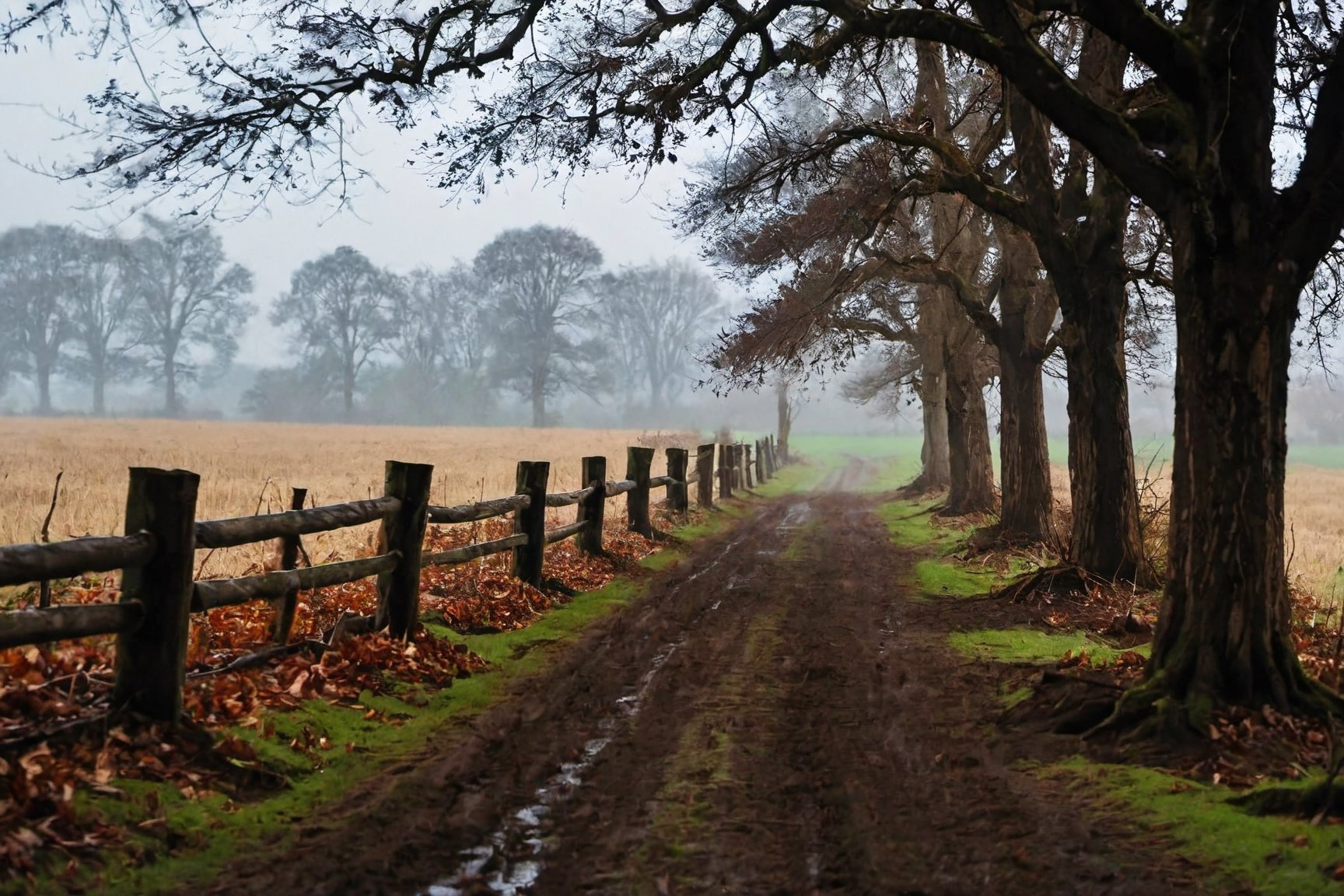 In a rural setting, winter rain drizzles down, transforming the landscape into a picturesque scene. The gentle raindrops create a soothing rhythm as they fall on the fields and meadows. Leafless trees stand as silhouettes against the gray sky, their branches adorned with delicate droplets. The wet earth exudes a rich scent, and the countryside is enveloped in a quiet, contemplative atmosphere. This winter rain paints a serene portrait of rural life, capturing the beauty of simplicity and the cycle of nature.

Positive Prompt: Rural landscape, winter rain, picturesque scene, gentle raindrops, soothing rhythm, leafless trees, silhouettes, delicate droplets, wet earth, contemplative atmosphere, beauty of simplicity, cycle of nature.