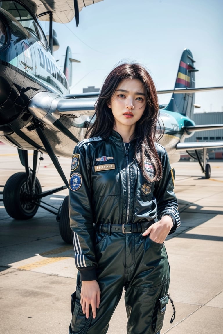 (masterpiece,best quality,ultra-detailed,8K,intricate, realistic,cinematic lighting),Generate AI art featuring a group of skilled and stylish female aviators in intricately detailed flight uniforms. 23yo,small face,Picture them standing by a vintage aircraft on a runway, exuding confidence and camaraderie. Emphasize the precision of their aviation attire, capturing the insignias, patches, and the distinctive details of their uniforms. Utilize a combination of vibrant colors and realistic detailing to bring to life the essence of female empowerment and teamwork in the world of aviation.kimtaeri