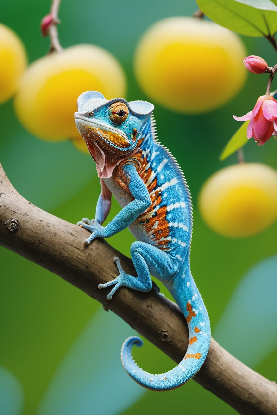 Chameleon sitting on a tree branch, sticking out its tongue, hunting, rainforest, , blooming flowers, fantasy, big information, bright yellow, pastel blue, pastel pink, ocean blue turquoise, bright orange, green, white dominant color palette, acrylic, photography, HD, 4k, sharpness, realistic, ultra wide, wide angle, cinematic, ambient light, bright border, edge highlight, contrast, high resolution, high contrast, high detail, high texture, ultra-realistic high quality model, ultra high quality, golden ratio, pseudo detail. , pixiv fan box trend, acrylic palette knife, studio style Makoto Shinkai Ghibli Kenshin Impact James Gilead Gregg Rutkowski Chiho Aoshima, watercolor, Artstation trend, sharp focus, studio photography, intricate details, ultra-details, Author: ChiliKiri, Mysterious