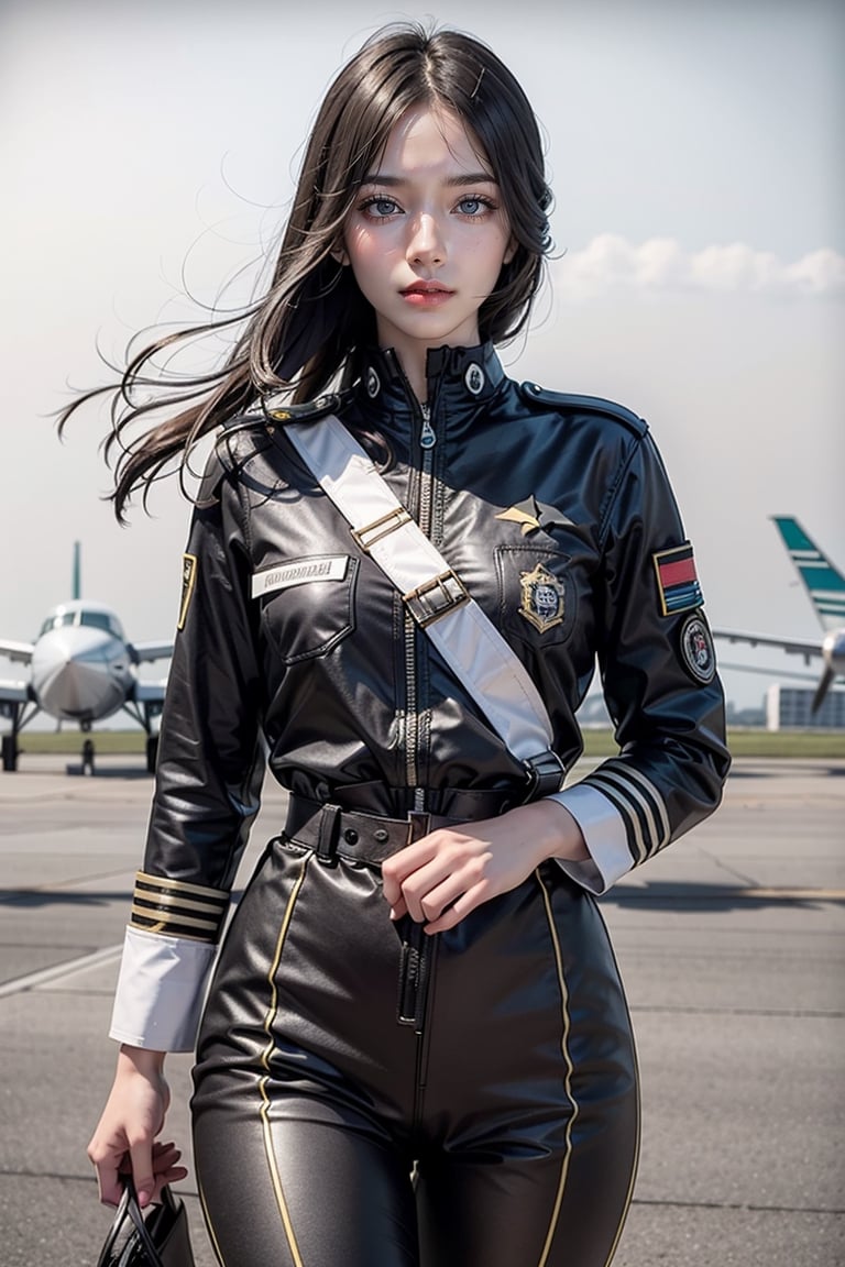 1930s, (masterpiece,best quality,ultra-detailed,8K,intricate, realistic,cinematic lighting),Generate AI art featuring a group of skilled and stylish female aviators in intricately detailed flight uniforms. 23yo,small face,Picture them standing by a vintage aircraft on a runway, exuding confidence and camaraderie. Emphasize the precision of their aviation attire, capturing the insignias, patches, and the distinctive details of their uniforms. Utilize a combination of vibrant colors and realistic detailing to bring to life the essence of female empowerment and teamwork in the world of aviation.kimtaeri