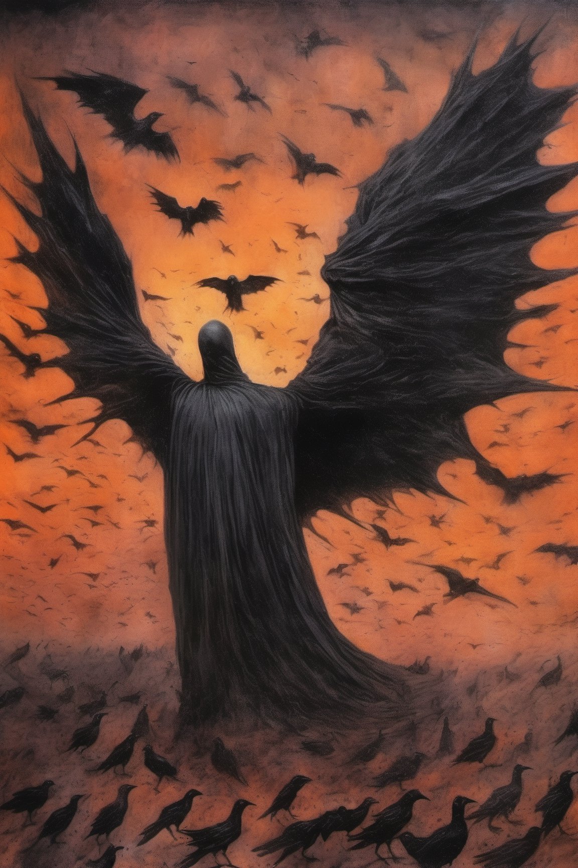 ((The Emperor of Darkness comes down from the sky)). Lovecraft style, Flocks of flying crows, corpses emerging from the ground, Tenebrism, strange, multi-toned orange and black gradient tumultuous sky, dark core, moderately controlled chaos, ghost core, Nicholas Samori