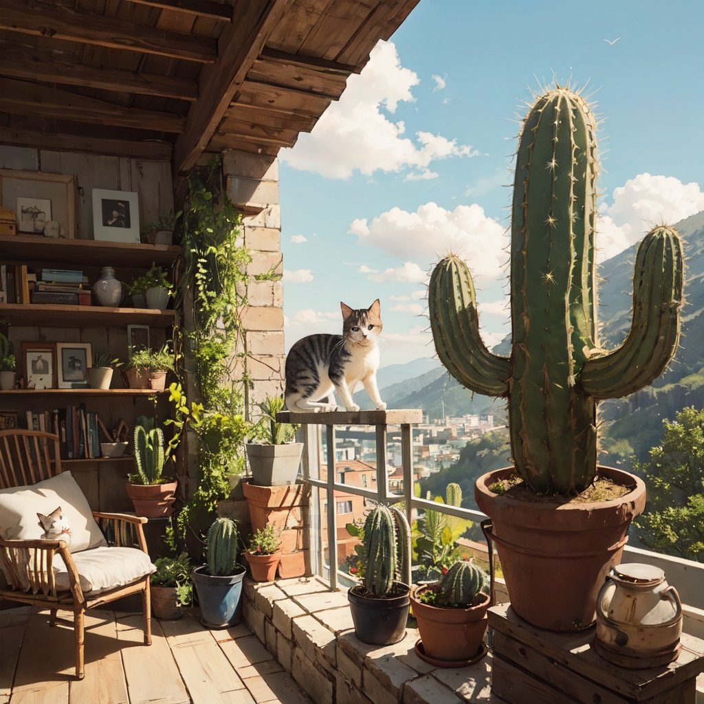 Scenery with a cat, cactus, and the little prince, 