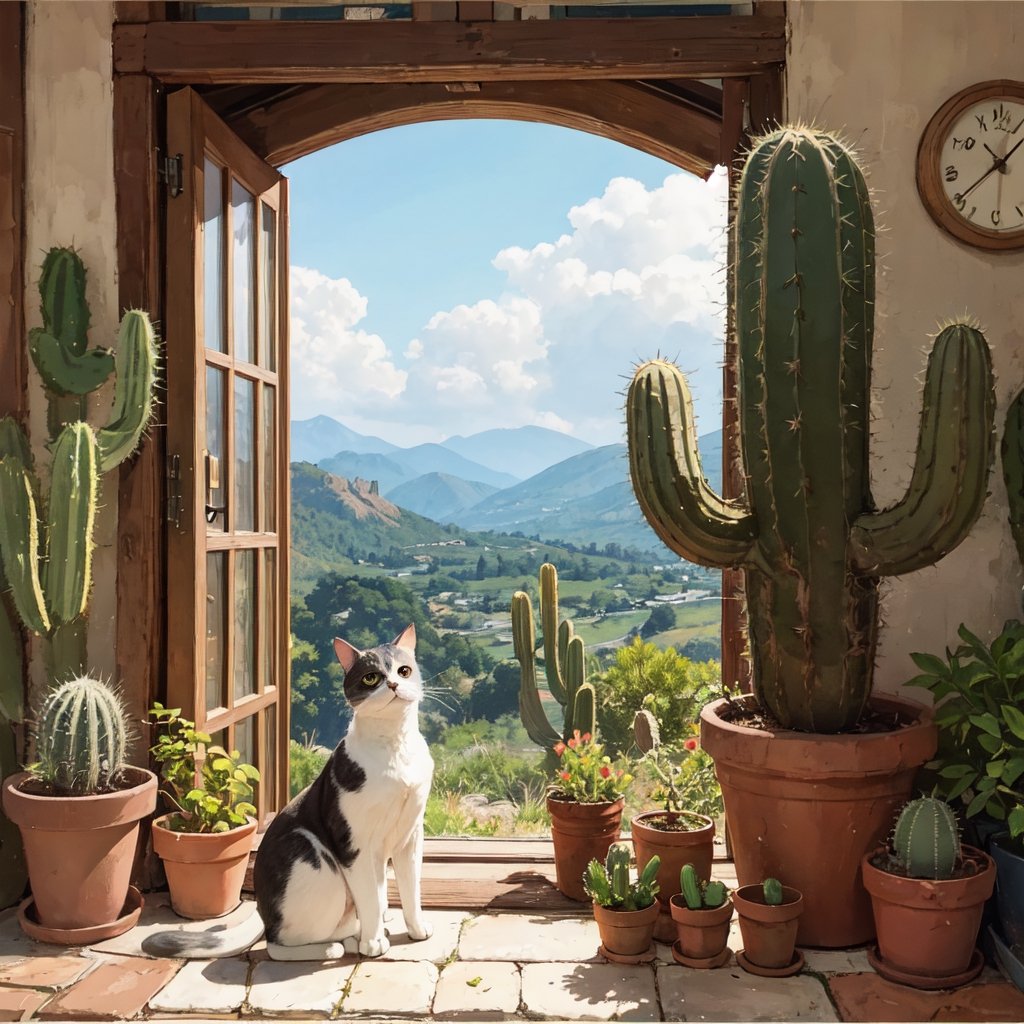 Scenery with a cat, cactus, and the little prince, 