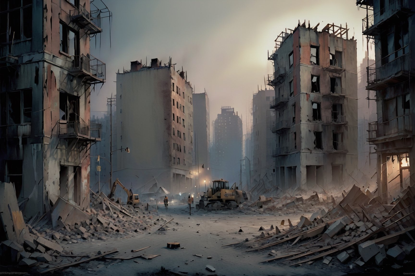 War survivors, urban reconstruction, collaborative rebuilding effort, evening scene, scattered debris, determined faces, soft warm lighting, artist with illustrative skills, digital painting style, realistic yet hopeful, warm color palette, high-quality details, emphasis on resilience.