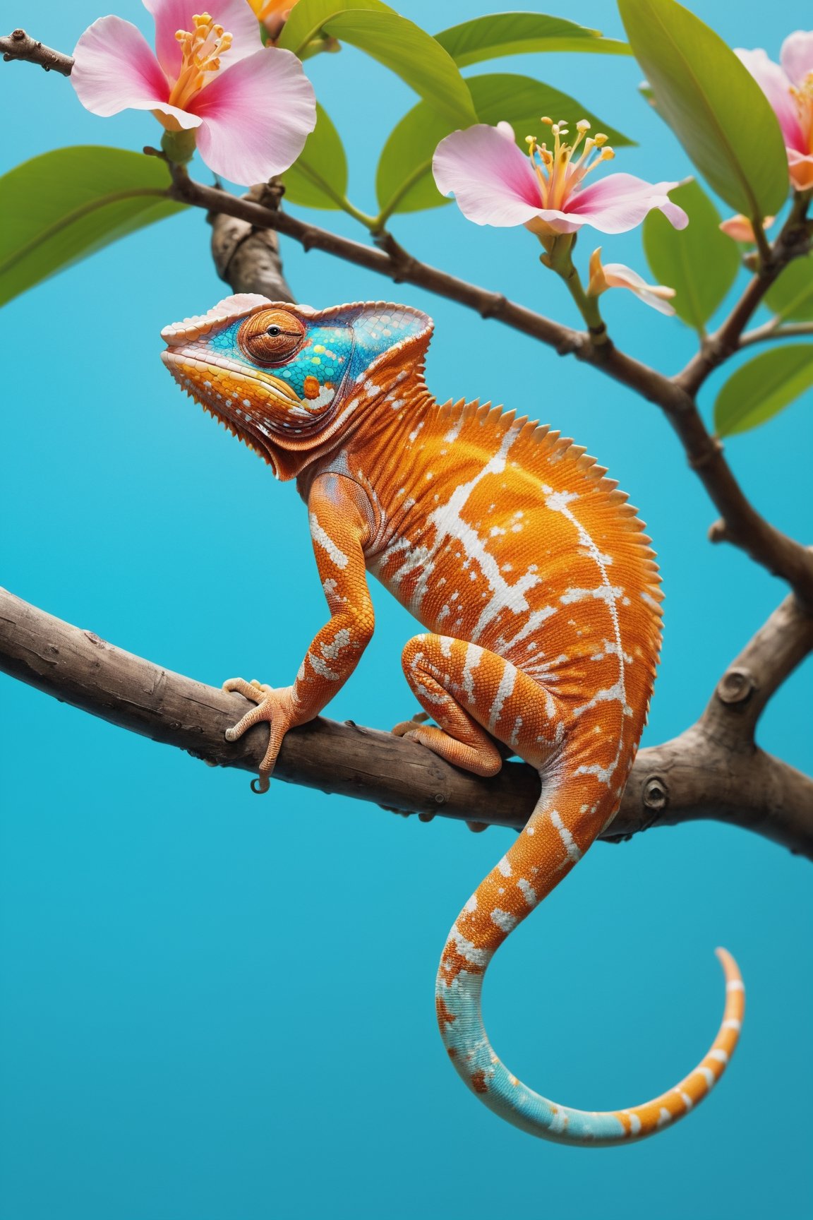 Chameleon sitting on a tree branch, sticking out its tongue, hunting, rainforest, , blooming flowers, fantasy, big information, bright yellow, pastel blue, pastel pink, ocean blue turquoise, bright orange, green, white dominant color palette, acrylic, photography, HD, 4k, sharpness, realistic, ultra wide, wide angle, cinematic, ambient light, bright border, edge highlight, contrast, high resolution, high contrast, high detail, high texture, ultra-realistic high quality model, ultra high quality, golden ratio, pseudo detail. , pixiv fan box trend, acrylic palette knife, studio style Makoto Shinkai Ghibli Kenshin Impact James Gilead Gregg Rutkowski Chiho Aoshima, watercolor, Artstation trend, sharp focus, studio photography, intricate details, ultra-details, Author: ChiliKiri, Mysterious
