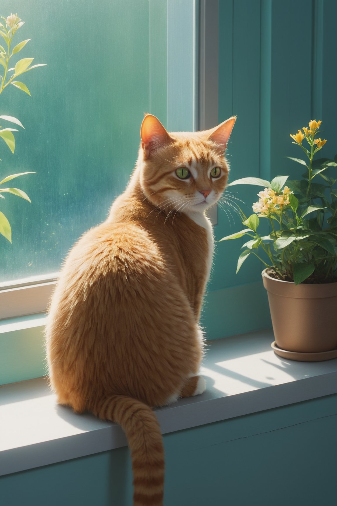 Anime style by Makoto Shinkai studio, close-up of cat sitting on the window sill, cool green foliage, blooming flowers, fantasy, big information, bright yellow, pastel blue, pastel pink, ocean blue teal, bright orange, green, white dominant color palette, acrylic, photography, HD, 4k, clarity, realistic, Ultra wide, wide angle, Cinematic, Ambient light, Light borders, Edge highlighting, chiaroscuro, high resolution, high contrast ratio, high detail, high texture, hyper-realistic high quality models, ultra high quality, golden ratio, pseudo details, pixiv fan box trending, acrylic palette knife, studio style makoto shinkai ghibli genshin impact james gilleard greg rutkowski chiho aoshima, Watercolor, trending on artstation, sharp focus, studio photo, intricate detail, very details, by ChiliKiri, Mysterious