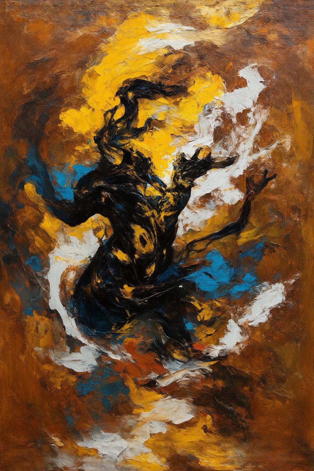 Vivid brushwork showcases bold, dynamic strokes in burnt sienna, cadmium yellow, ultramarine blue, sap green, white, and black. A demonic figure emerges from swirling abstract elements, its form intertwined with the background. Filled areas of color balance negative space, generating a powerful emotional impact. The blend of forms and abstraction evokes movement and emotion, inviting personal interpretation and contemplation within a richly layered composition.