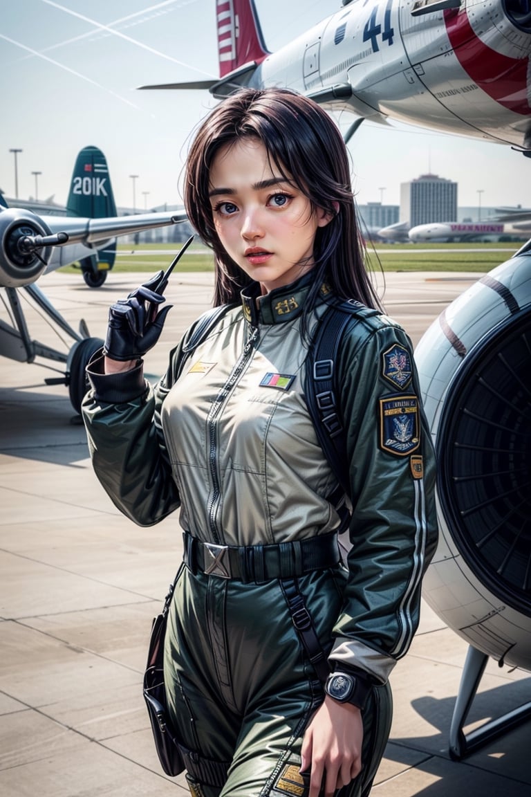 (masterpiece,best quality,ultra-detailed,8K,intricate, realistic,cinematic lighting),Generate AI art featuring a group of skilled and stylish female aviators in intricately detailed flight uniforms. 23yo,small face,Picture them standing by a vintage aircraft on a runway, exuding confidence and camaraderie. Emphasize the precision of their aviation attire, capturing the insignias, patches, and the distinctive details of their uniforms. Utilize a combination of vibrant colors and realistic detailing to bring to life the essence of female empowerment and teamwork in the world of aviation.kimtaeri