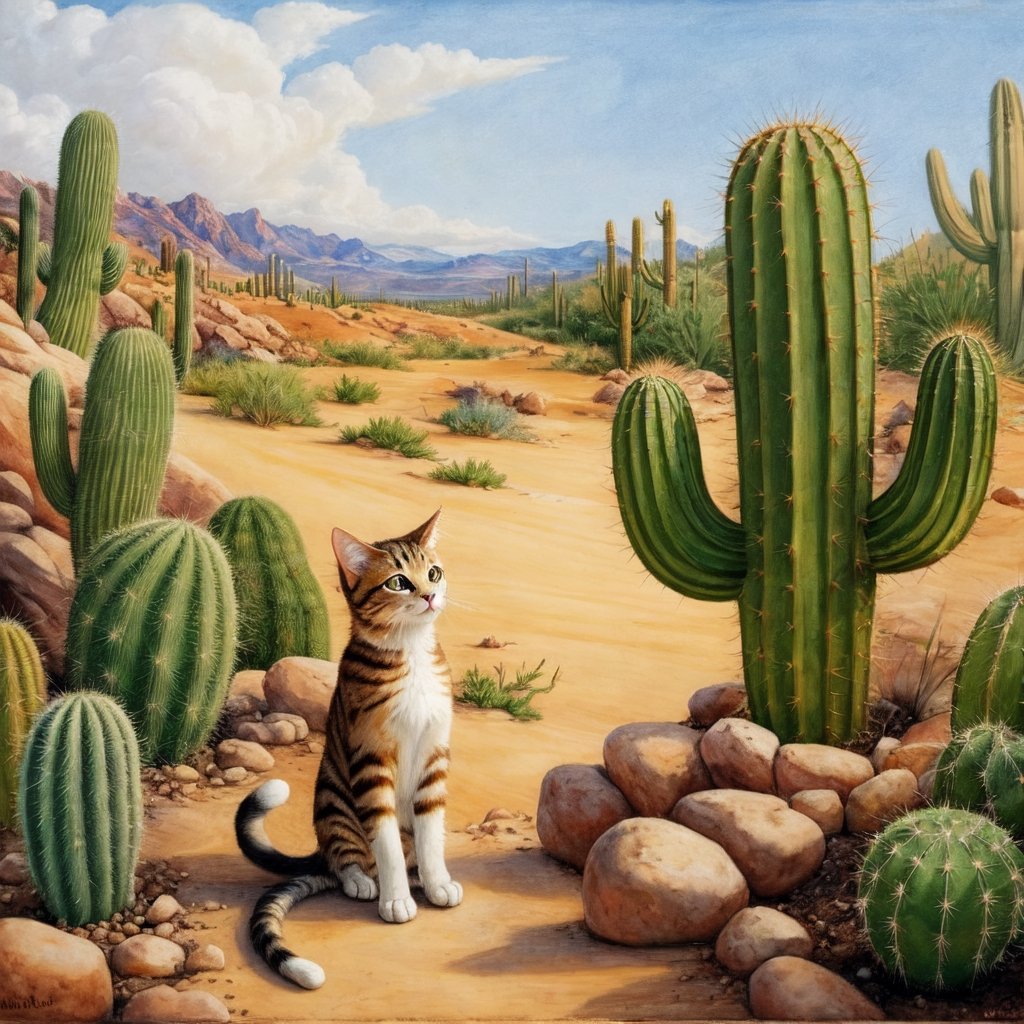 Scenery with a cat, cactus, and the little prince, 