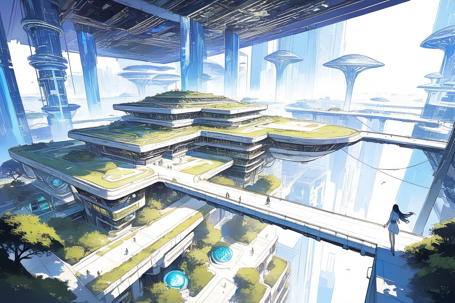 In the distant future of 4000 AD, Seoul's skyline transforms into a marvel of futuristic architecture. Neon blues, greens, and purples illuminate floating platforms, where people stroll amidst lush vertical gardens. Bioluminescent lighting infuses the atmosphere with an ethereal glow. Inspired by Syd Mead's visionary style, this concept art depicts a sci-fi utopia where technology harmonizes with nature, rendered in ultra-realistic 3D detail and high-resolution precision.