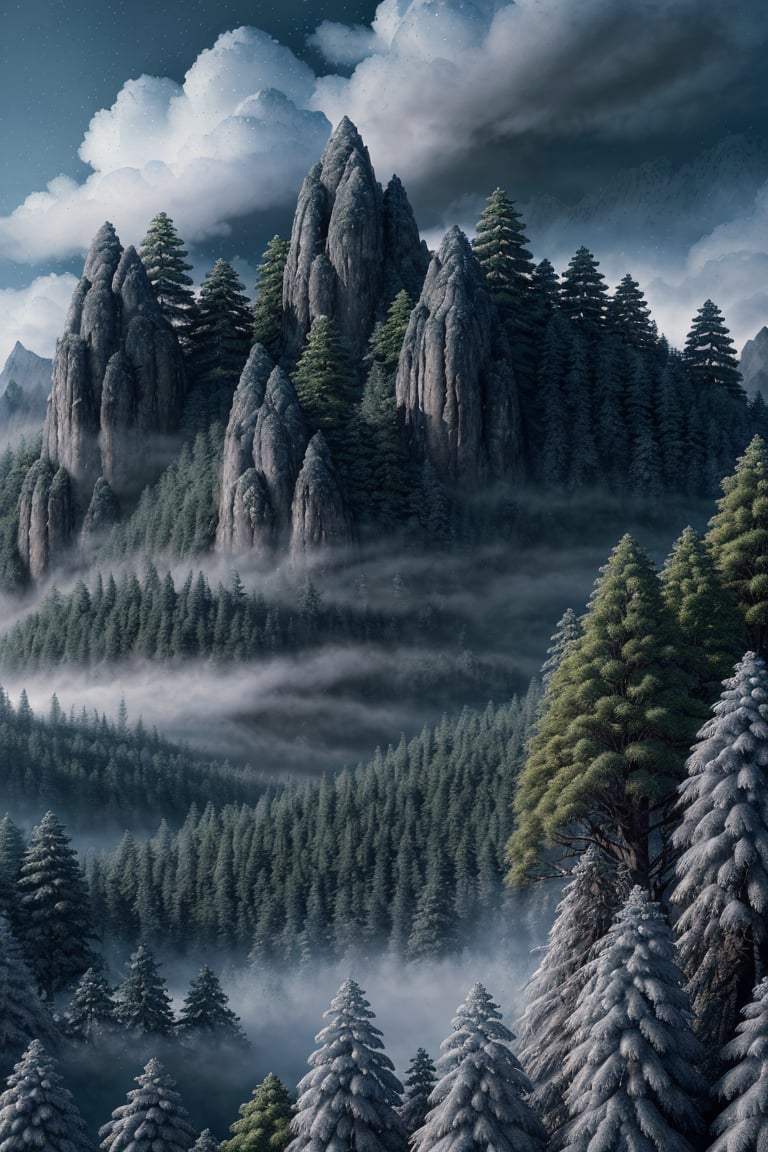 mountain, bluesky, forest, foggy, cloud, (masterpiece),((ultra-detailed)), (highly detailed CG illustration),(expressionless), (best quality:1.2), High quality texture, intricate details, detailed texture, High quality shadow, Cinematic Light, Depth of field, light source contrast, perspective,20s, (