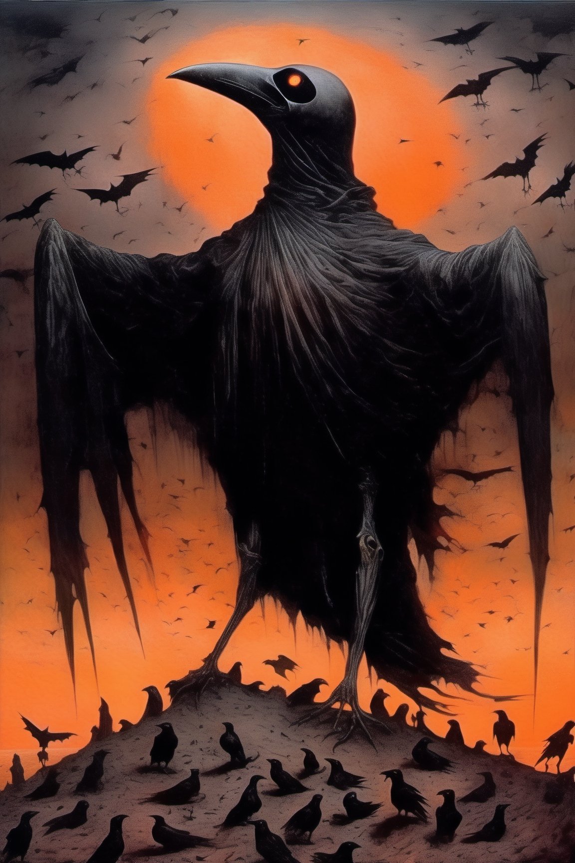 ((The Emperor of Darkness comes down from the sky)). Flocks of flying crows, corpses emerging from the ground, Tenebrism, strange, multi-toned orange and black gradient tumultuous sky, dark core, moderately controlled chaos, ghost core, Nicholas Samori