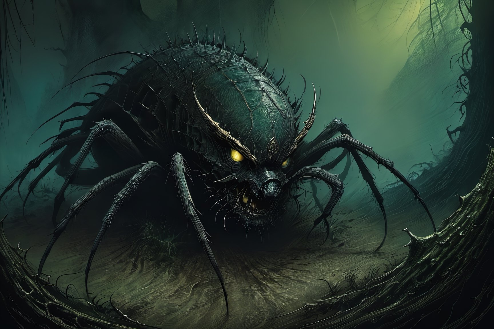 (A nightmarish fusion of arachnid and beast, featuring a spider with a boar's head in a horrifying amalgamation:1.5), (wild boar:1.5), spider, 

Within the depths of a desolate, ancient forest, where the shadows seem to writhe with unnatural life.

The spider with a boar's head looms ominously, its grotesque limbs extending with an air of menace, creating a scene of abject terror.

In a realm where the boundaries of the grotesque are pushed to the extreme, this monstrous creation emerges from the shadows, a result of forbidden experimentation.

The forest is dense with an eerie silence, disturbed only by the unsettling sounds of the unnatural creature skittering through the undergrowth.

Harsh and surreal lighting casts intense contrasts, accentuating the horrific features of the spider with a boar's head hybrid.

Channeling the nightmarish brilliance of Zdzisław Beksiński, known for his surreal and grotesque artworks.
Executed as an oil painting with meticulous attention to detail, capturing the grotesque beauty in a hauntingly realistic manner.

Utilizing traditional oil painting techniques to emphasize the texture and depth of the monstrous creation.

A high-definition masterpiece, showcasing horror in every stroke, immersing the viewer in a nightmarish world.

Dark and desaturated tones dominate, with sporadic bursts of sickly greens and unsettling purples, enhancing the nightmarish ambiance.

None, relying solely on the artist's hand to convey the terror through traditional artistic methods.

A top-tier artwork with an emphasis on realism and the ability to evoke visceral fear.

Cinematic oil painting still, intense chiaroscuro lighting in a haunting forest, close-up of the spider-boar hybrid, Zdzisław Beksiński-inspired masterpiece, high definition, detailed texture, dark and surreal color palette, traditional art medium, capturing the horrifying realism.