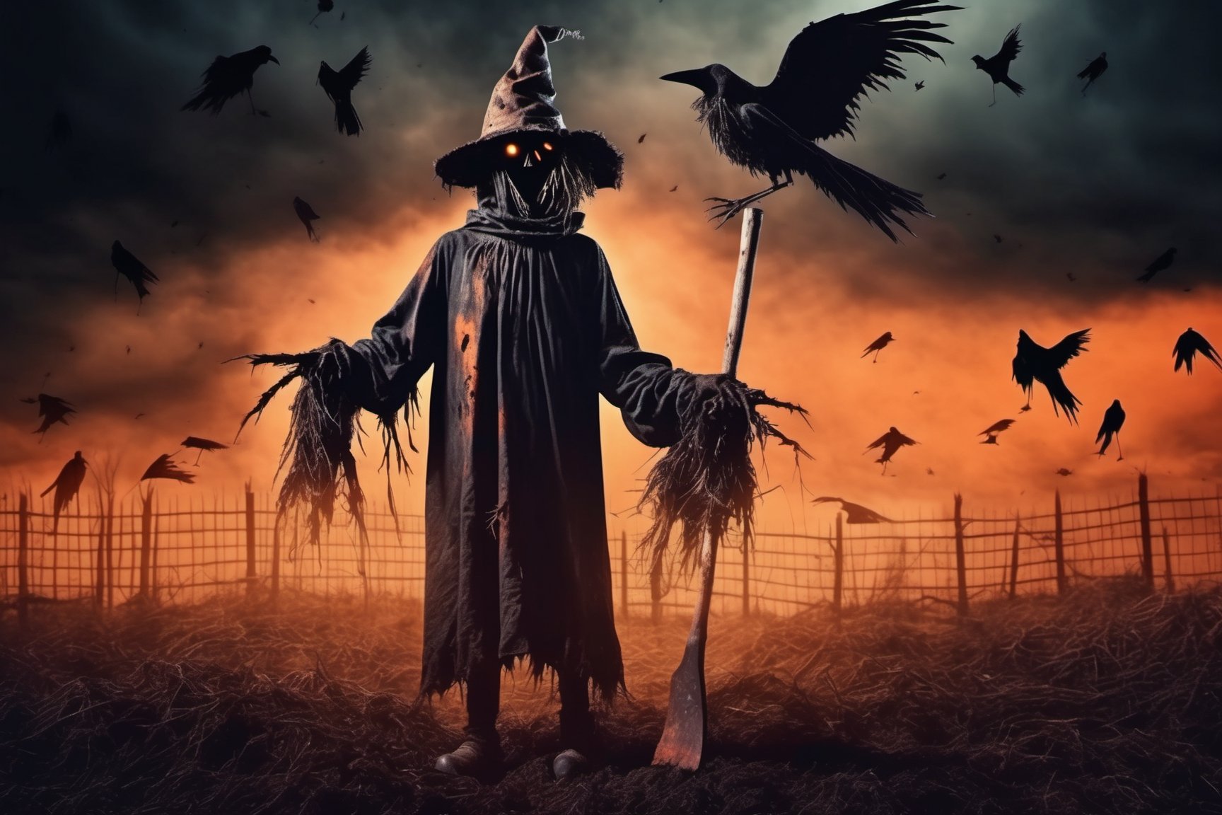 creepy full body scarecrow realistic with hatchet in hand at night foreboding background HD, flock of flying crows, corpses coming out of the ground, tenebrism, strange, multi tonal orange and black gradient tumultuous sky, dark core, moderately controlled chaos, ghost core, Nicolas Samori