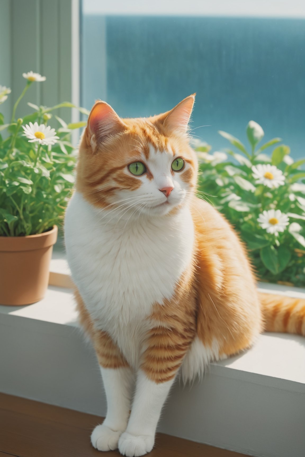 Anime style by Makoto Shinkai studio, close-up of cat sitting on the window sill, cool green foliage, blooming flowers, fantasy, big information, bright yellow, pastel blue, pastel pink, ocean blue teal, bright orange, green, white dominant color palette, acrylic, photography, HD, 4k, clarity, realistic, Ultra wide, wide angle, Cinematic, Ambient light, Light borders, Edge highlighting, chiaroscuro, high resolution, high contrast ratio, high detail, high texture, hyper-realistic high quality models, ultra high quality, golden ratio, pseudo details, pixiv fan box trending, acrylic palette knife, studio style makoto shinkai ghibli genshin impact james gilleard greg rutkowski chiho aoshima, Watercolor, trending on artstation, sharp focus, studio photo, intricate detail, very details, by ChiliKiri, Mysterious