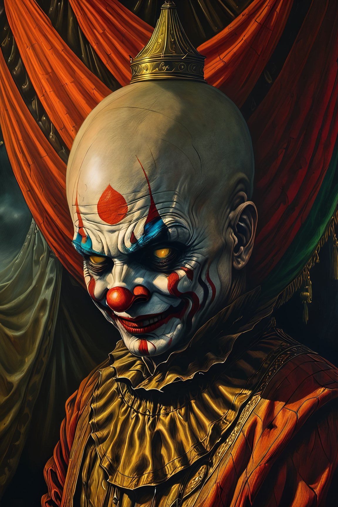 Within a desolate and decaying circus tent, the faded remnants of joy now corrupted by the terrifying aura of the bald clown.
The bald clown stands ominously, its features warped into a grotesque parody, sending shivers down the spine of any unfortunate observer.

In a world where the circus is a macabre theater of horrors, the bald clown becomes the twisted star of this surreal and chilling spectacle.

The circus tent is tattered and worn, with eerie shadows dancing across the cracked and faded surfaces, amplifying the nightmarish atmosphere.

Harsh and surreal lighting casts deep shadows, accentuating the eerie features of the bald clown, creating a scene that blurs the line between nightmare and reality.

 Drawing inspiration from the macabre brilliance of Zdzisław Beksiński, renowned for his surreal and disturbing artworks.

Executed as an oil painting, the details of the bald clown are meticulously rendered, capturing the horror in every stroke, reminiscent of Beksiński's nightmarish visions.

Utilizing traditional oil painting techniques to bring out the texture and depth in the grotesque portrayal.

A high-definition masterpiece, showcasing the horror in vivid detail, immersing the viewer in the unsettling world of the distorted circus.

Dark and desaturated tones dominate, with sporadic bursts of sickly greens and unsettling purples, enhancing the nightmarish ambiance.

None, relying solely on the artist's hand to convey the terror through traditional artistic methods.
A top-tier artwork with an emphasis on realism and the ability to evoke visceral fear.
Cinematic oil painting still, intense chiaroscuro lighting within a decaying circus tent, close-up of the bald clown's distorted features, Zdzisław Beksiński-inspired masterpiece, high definition, detailed texture, dark and surreal color palette, traditional art medium, capturing the horrifying realism.