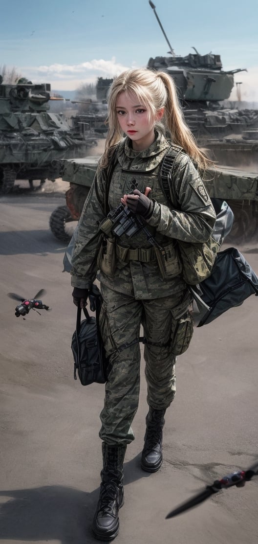 heroic photograph of a beautiful Ukrainian girl soldier with pigtail hair, blonde, full body, driving an army of drones flying around her shooting