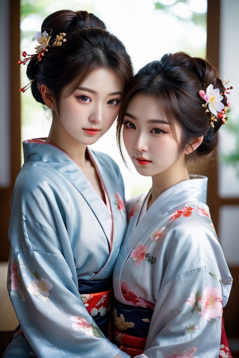 two Japanese lesbian girls having sex in kimonos, sexual poses, semi-naked, masturbating and licking each other, masterpiece, best quality, realistic, ultra highres, depth of field, (detailed face:1.2), (detailed eyes:1.2), (detailed background), (masterpiece:1.2), (ultra detailed), (best quality), intricate, comprehensive cinematic, photography, (gradients), colorful, seductive, visual key, shiny skin,photorealistic skin,hubgwomen, Close-up Pussy