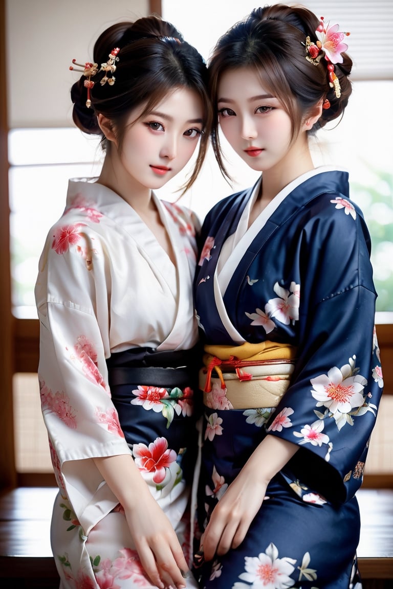 two Japanese lesbian girls having sex in kimonos, sexual poses, semi-naked, masturbating and licking each other, masterpiece, best quality, realistic, ultra highres, depth of field, (detailed face:1.2), (detailed eyes:1.2), (detailed background), (masterpiece:1.2), (ultra detailed), (best quality), intricate, comprehensive cinematic, photography, (gradients), colorful, seductive, visual key, shiny skin,photorealistic skin,hubgwomen, Close-up Pussy