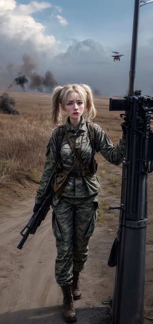 heroic photograph of a beautiful Ukrainian girl soldier with pigtail hair, blonde, full body, directing a drone bombardment, flying around her shooting