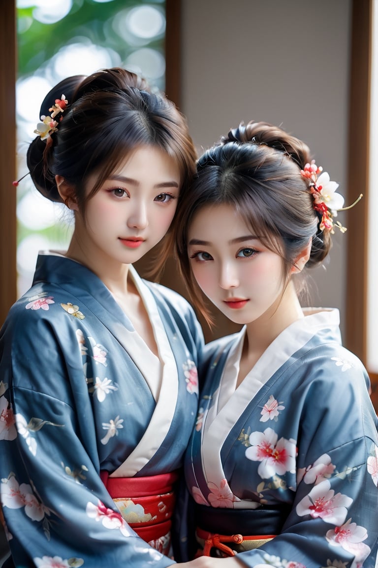 two Japanese lesbian girls having sex in kimonos, sexual poses, semi-naked, masturbating and licking each other, masterpiece, best quality, realistic, ultra highres, depth of field, (detailed face:1.2), (detailed eyes:1.2), (detailed background), (masterpiece:1.2), (ultra detailed), (best quality), intricate, comprehensive cinematic, photography, (gradients), colorful, seductive, visual key, shiny skin,photorealistic skin,hubgwomen, Close-up Pussy