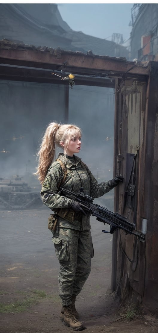 heroic photograph of a beautiful Ukrainian girl soldier with pigtail hair, blonde, full body, managing an army of several drones flying around her shooting