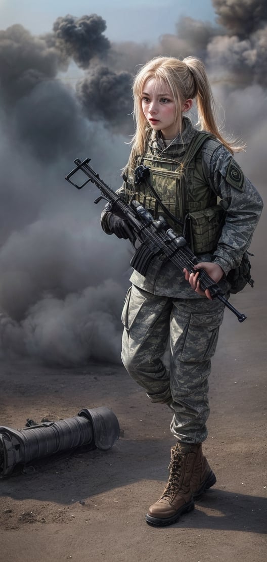 heroic photograph of a beautiful Ukrainian girl soldier with pigtail hair, blonde, full body, directing a drone bombardment, flying around her shooting