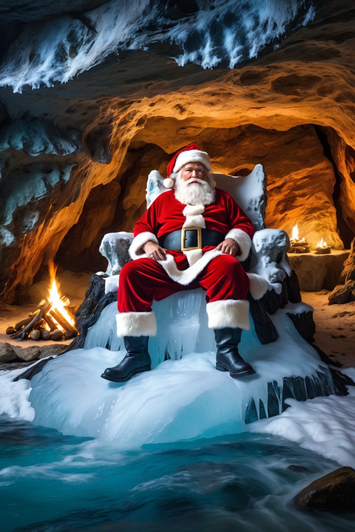 ((a caveman style santa)), sitting on a stone in the cave, using ice magic, bonfire made of stones, christmas,Epic Caves, epic, 8k, high resolution,more detail XL,christmas,SANTA CLAUS