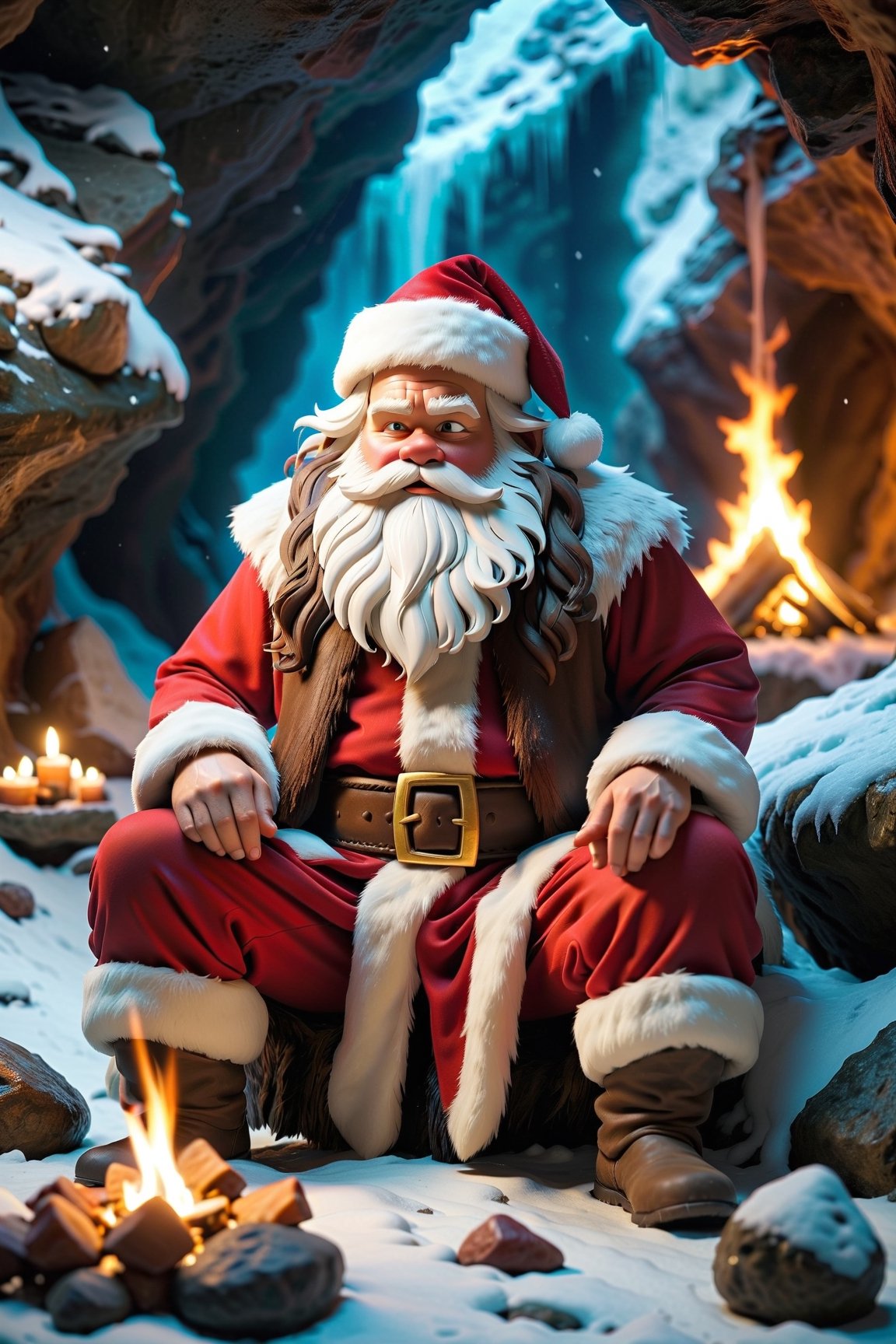 ((a caveman style santa)), sitting on a stone in the cave, using ice magic, bonfire made of stones, christmas,Epic Caves, epic, 8k, high resolution,more detail XL,christmas,SANTA CLAUS