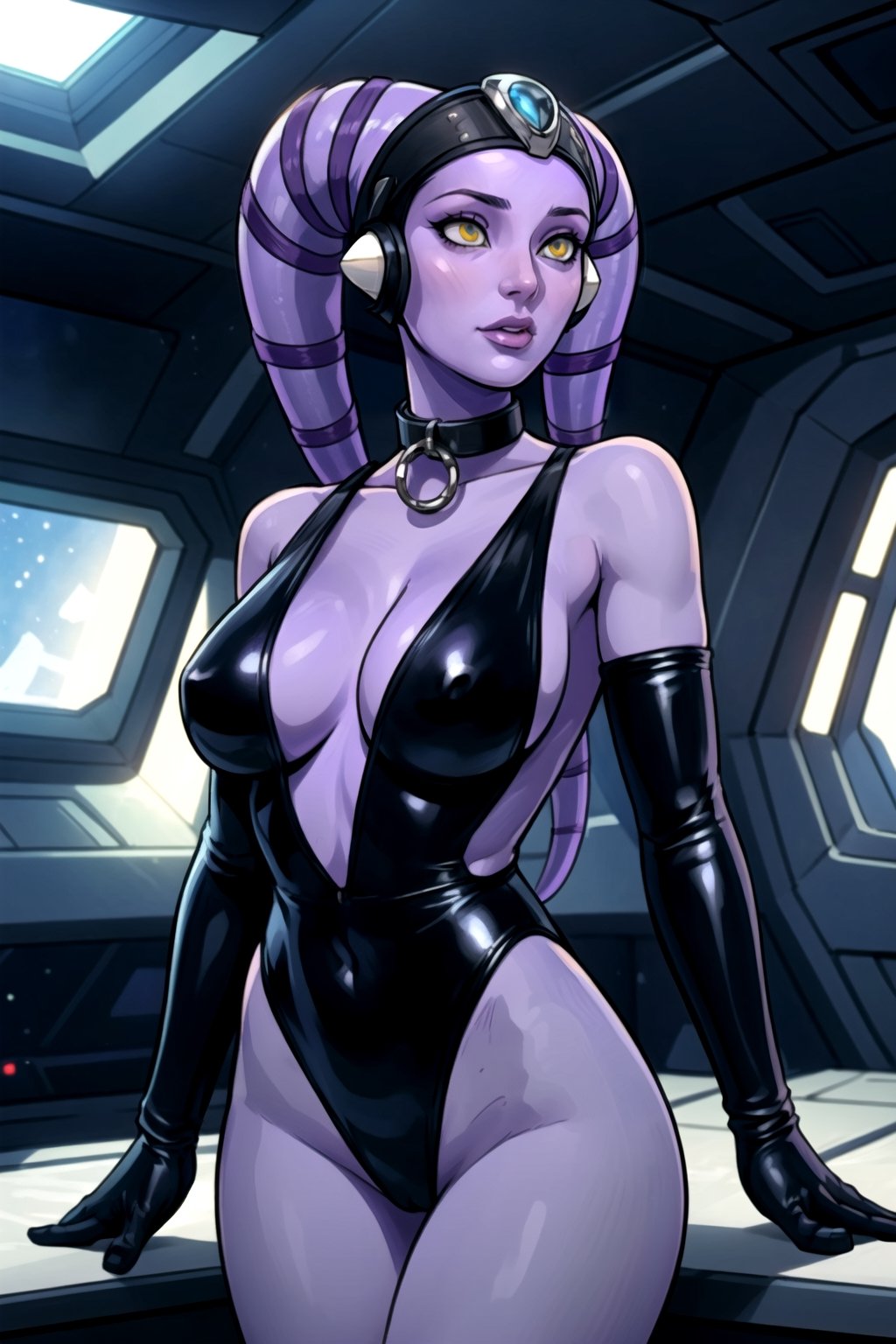 masterpiece, 1girl, colored skin, (lavender skin:1.3),  amber eyes,  indoors, spaceship quarters, twi'lek, twilek, lekku, headgear,twilek, slave collar, black gloves, one-piece_swimsuit, monster girl, 