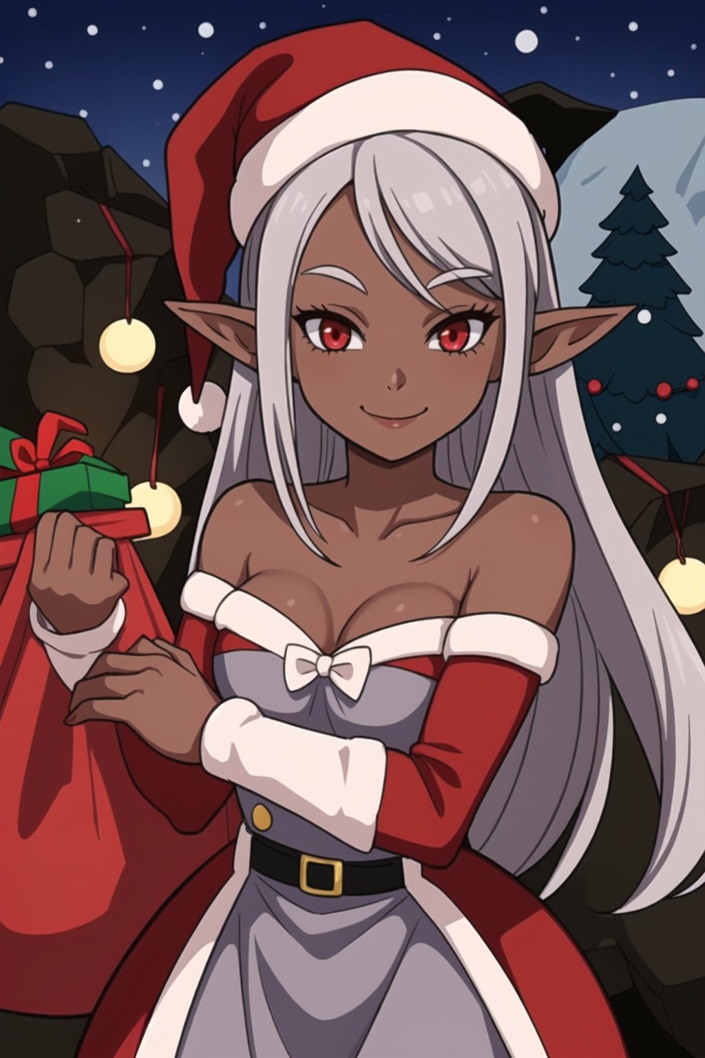  a candid moment in a crowded North Pole Santa girl , drow, dark skin, grey_skin, gray_skin, red dress, red eyes, white hair, elf, dark_elf, santa_hat, christmas, solo, smile, inside dark cave, christmas lights, solo