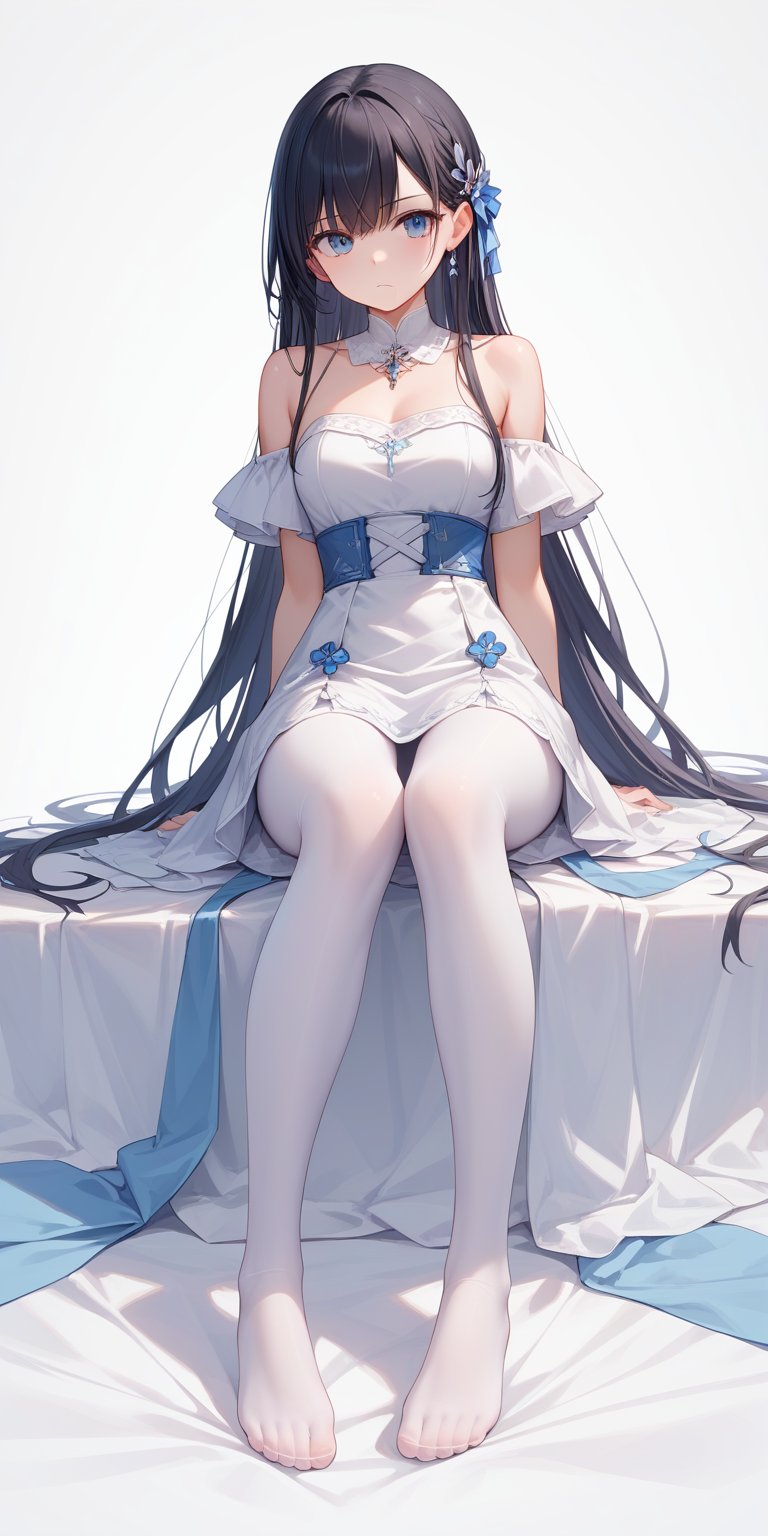 score_9, score_8_up, score_7_up, score_6_up, score_5_up, score_4_up,source_anime,

masterpiece, newest, Highly detailed, 1girl, Off the shoulders, sitting, arms at sides, long hair, white pantyhose, no shoes, black hair, White background, facing the viewer,(full body)