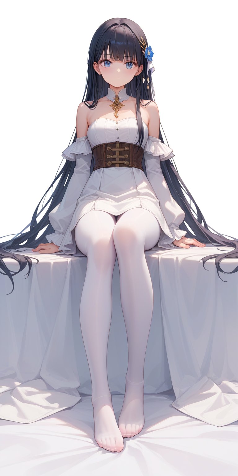 score_9, score_8_up, score_7_up, score_6_up, score_5_up, score_4_up,source_anime,

masterpiece, newest, Highly detailed, 1girl, Off the shoulders, sitting, arms at sides, long hair, white pantyhose, no shoes, black hair, White background, facing the viewer,(full body)