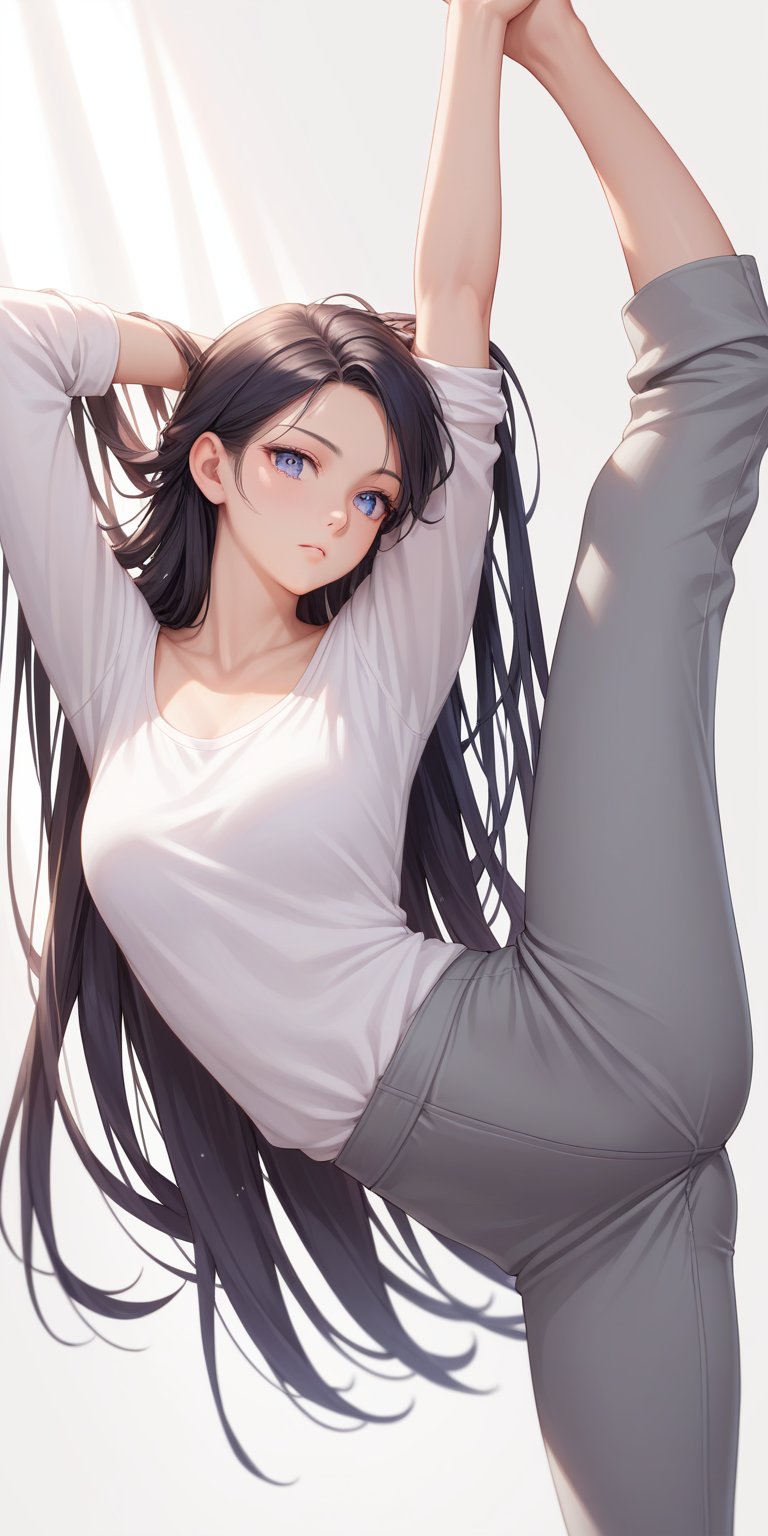 score_9, score_8_up, score_7_up, score_6_up, score_5_up, score_4_up,source_anime,

1 woman, performing a handstand, solo, (30yo), flexible, strong, beautiful detailed eyes, long black hair flowing down her back, white shirt, grey pants, white surface, elegant, balance, determination, detailed background, depth of field, realistic, soft lighting, best quality,masterpiece