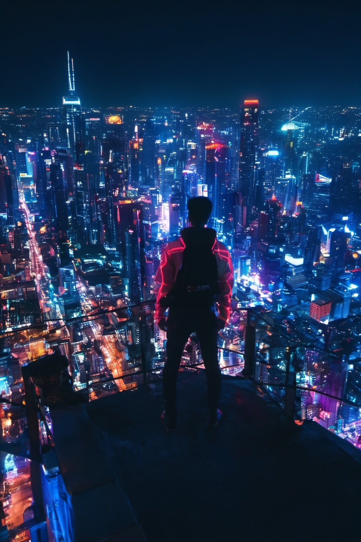 1man, standing top of building, night city, neon light, buildings, beautiful view, the bright stars in the clear night sky