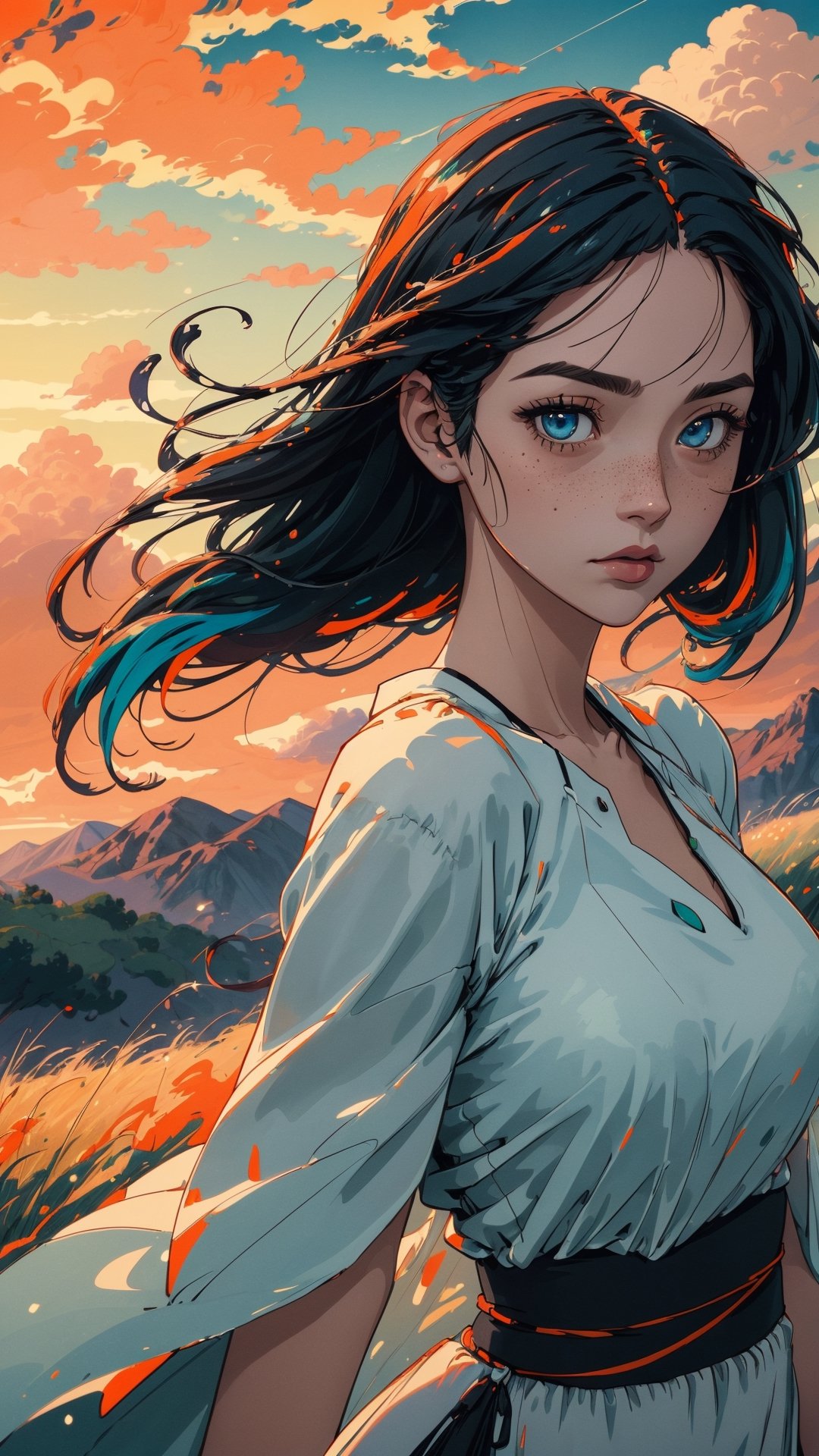 ((masterpiece)), (best quality), (cinematic), a woman in a long white dress, flying through an open field, long black hair, bangs, wide hips, full body, blue eyes, freckles on cheeks, wind, detailed face, detailed body, red and orange sky, glow, clouds, vegetation, green plains, (cinematic, colorful), vast field, (extremely detailed), inspired by Studio Ghibli, EpicSky, cloud, sky, highly detailed, detailed face