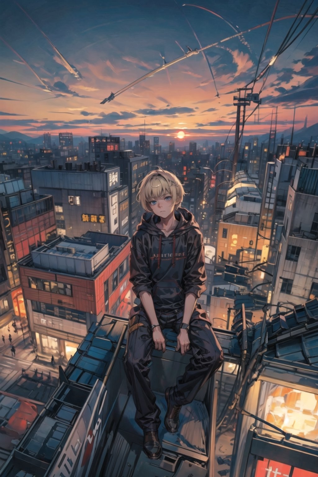 One boy (sit on the roof), blonde short hair, blue eyes, sad face, masterpieces (masterpiece :1.1), best quality, high quality, chlotes(hoodie, white chlotes, ruined) (chlotes :1.2), background (Mechanical city light (city:1.2), blue sky, cyber street lights, roof of building, sunset) view from high ,vash the stampede,3DMM,IncrsDistractedBoyfriendMeme,High detailed ,blurry_light_background,weapon,SAM YANG,YAMATO,futureaodai,ASU1